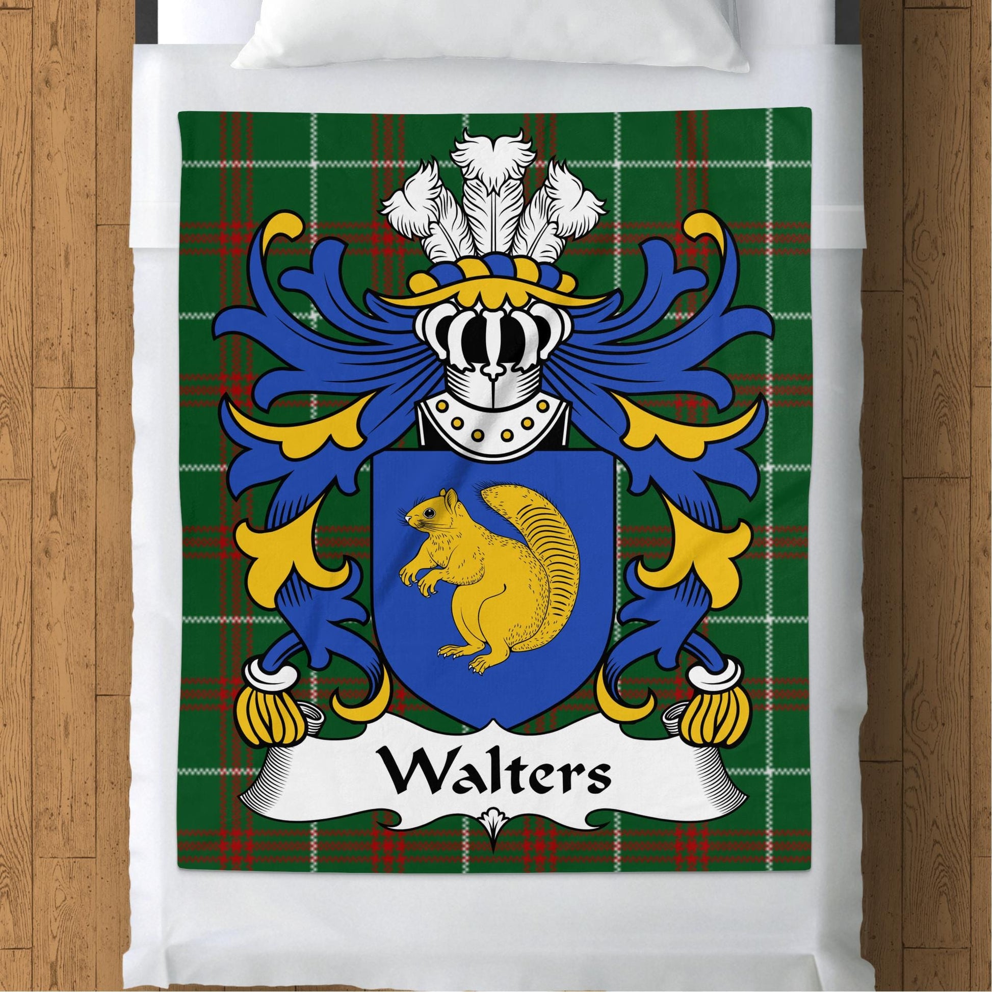 Physical Item 50" x 60" Walters Welsh Surname Coat of Arms on Tartan Background Blanket