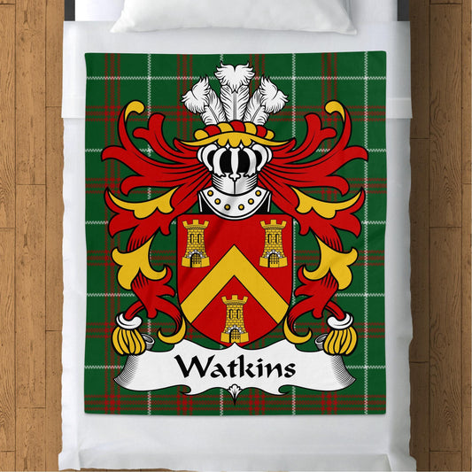 Physical Item 50" x 60" Watkins Welsh Surname Coat of Arms Tartan Blanket