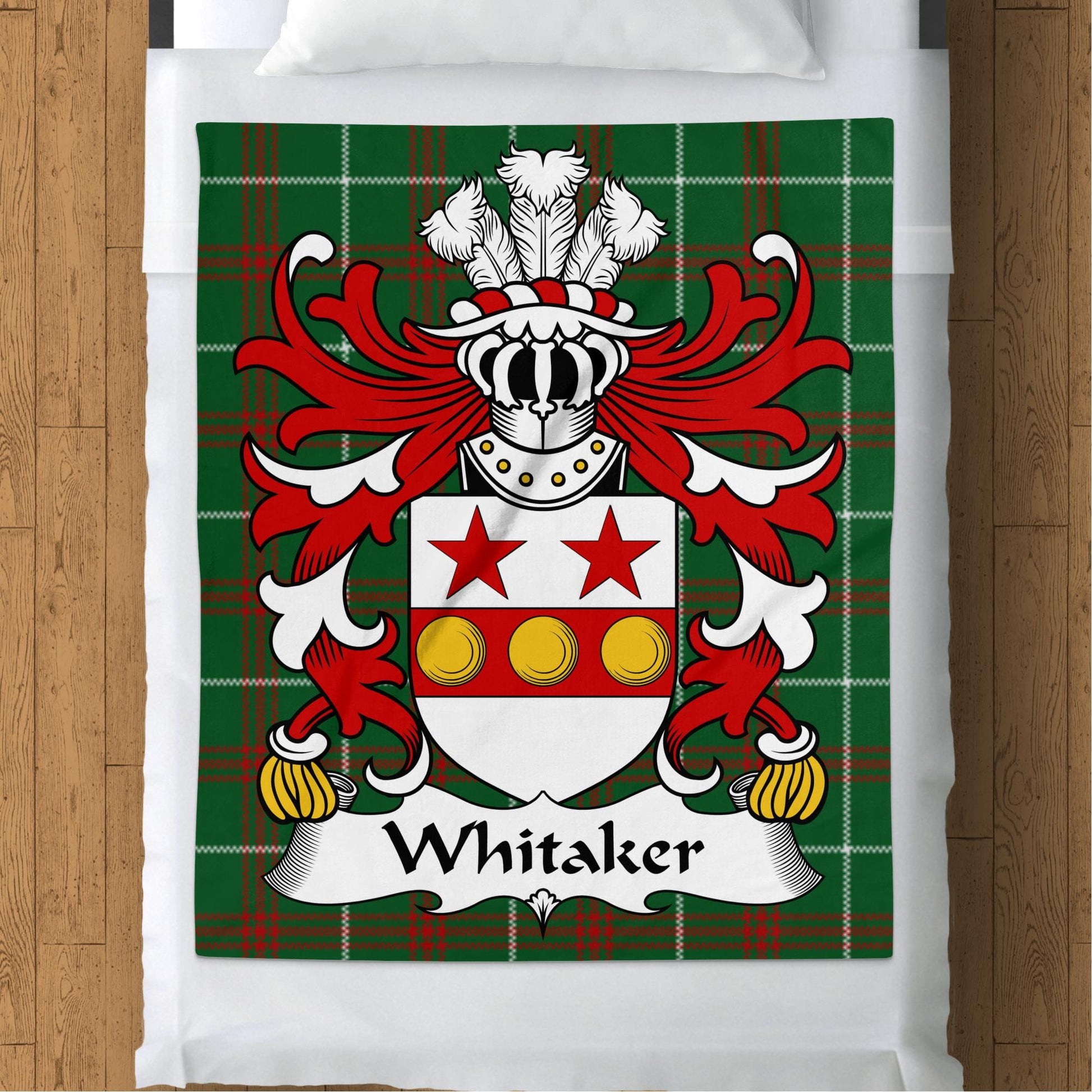 Physical Item 50" x 60" Whitaker Coat of Arms on Welsh National Tartan Background Blanket