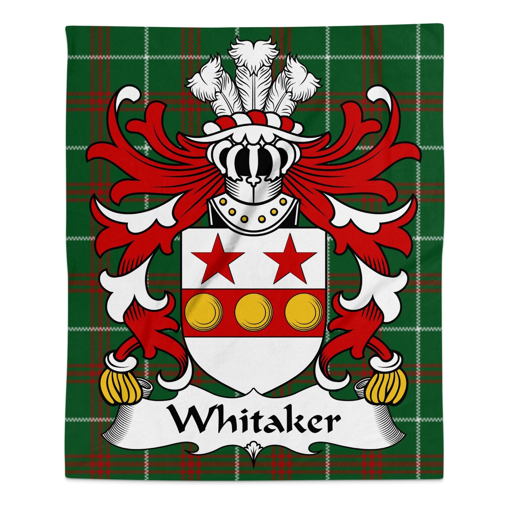 Physical Item 50" x 60" Whitaker Coat of Arms on Welsh National Tartan Background Blanket