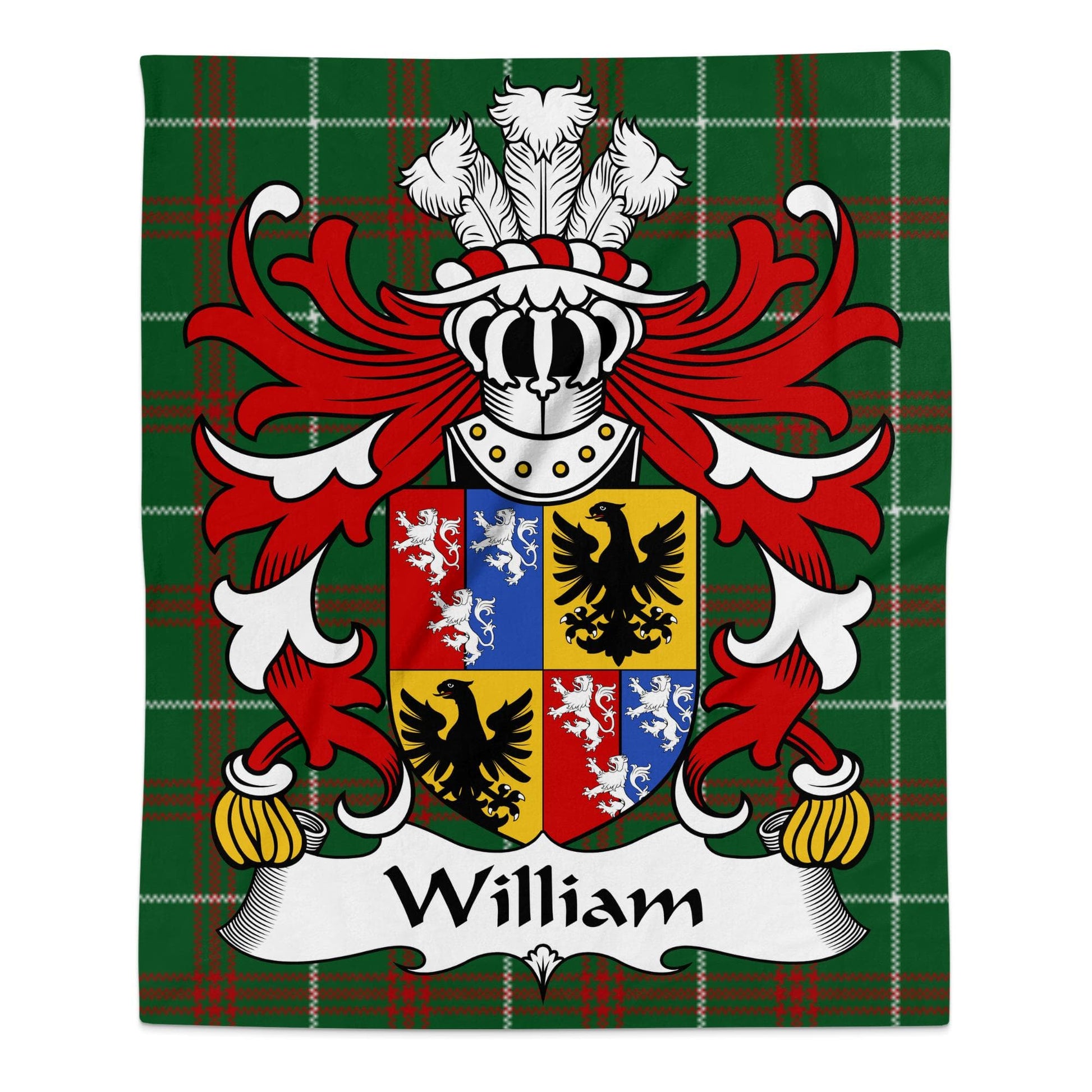 Physical Item 50" x 60" William Surname Coat of Arms on Welsh Tartan Blanket