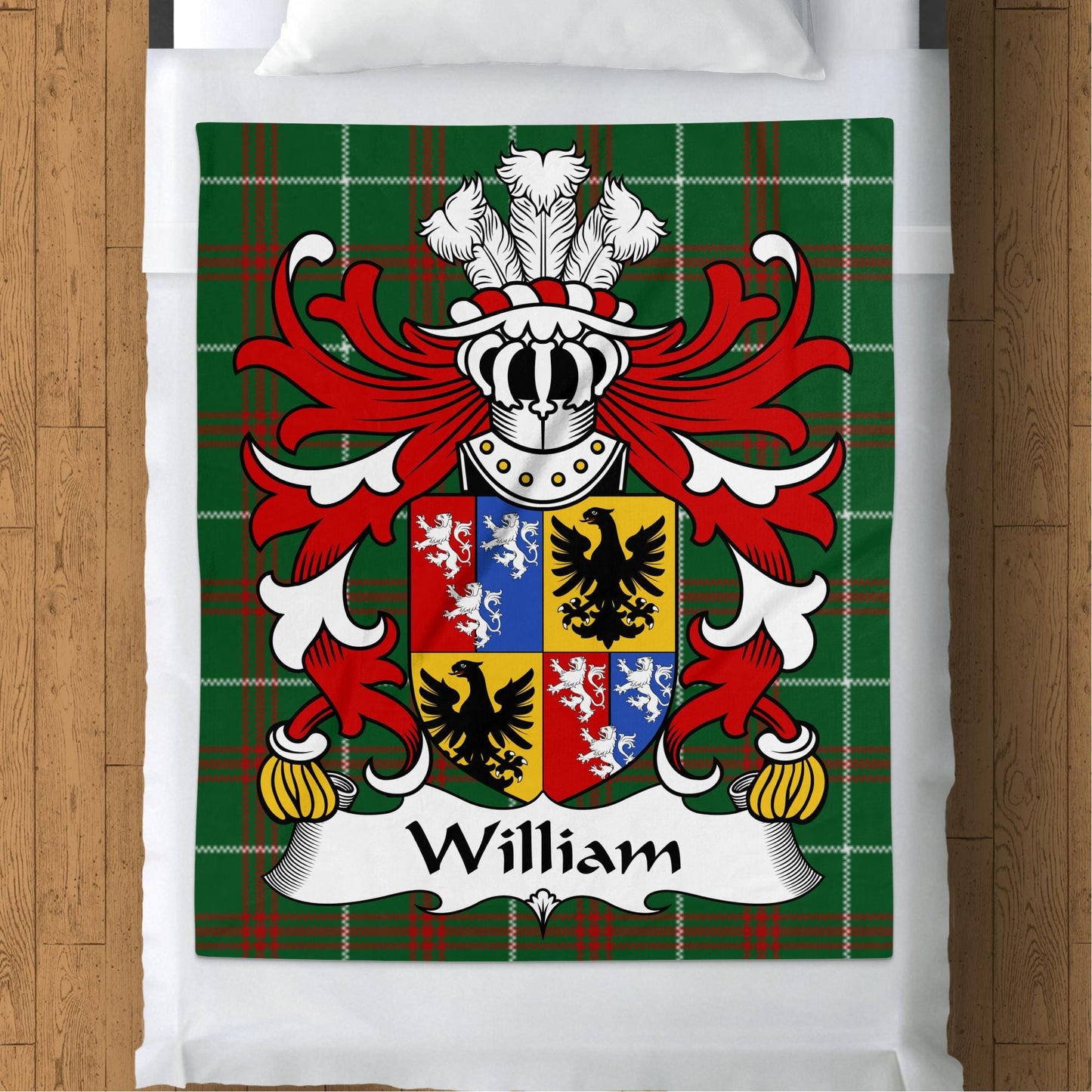 Physical Item 50" x 60" William Surname Coat of Arms on Welsh Tartan Blanket