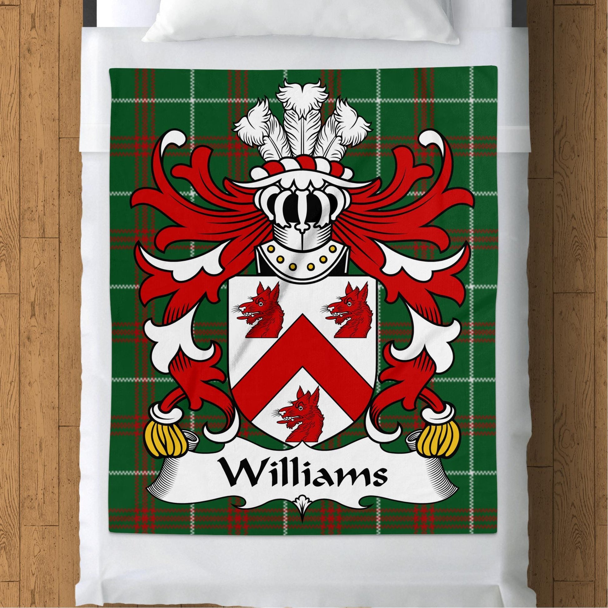 Physical Item 50" x 60" Williams Surname Coat of Arms on Welsh Tartan Blanket