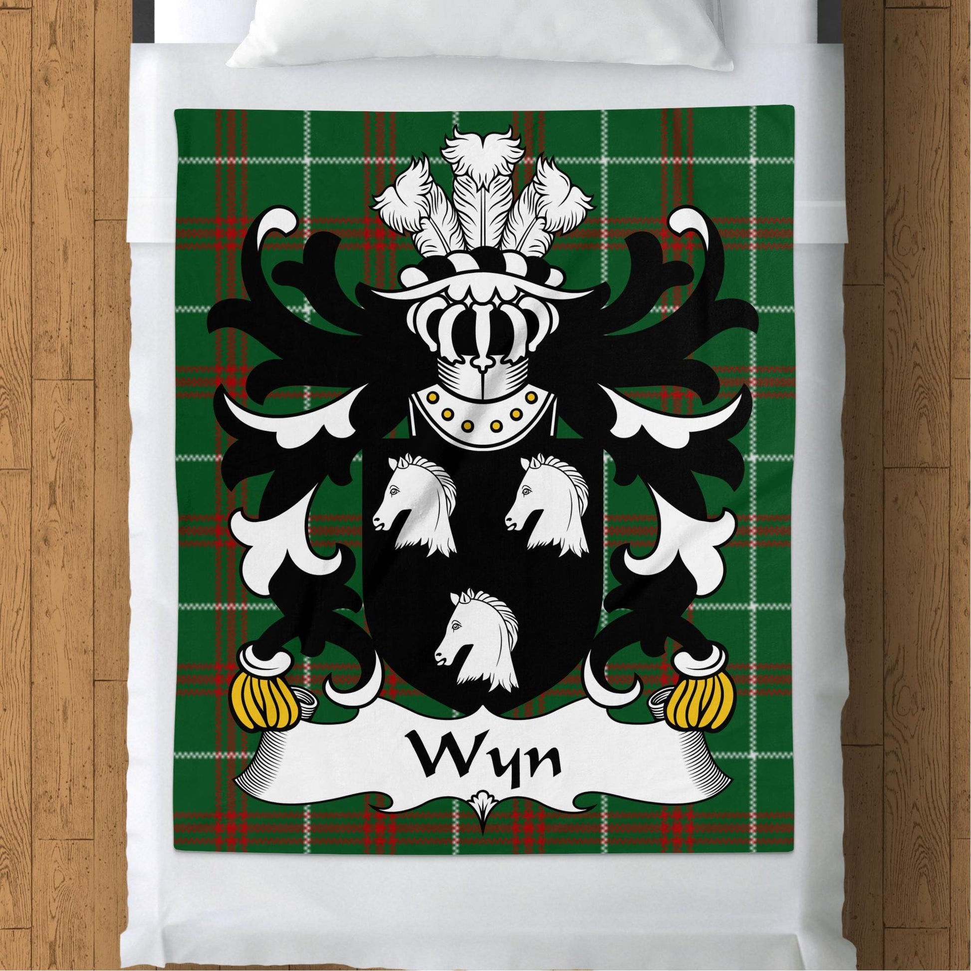 Physical Item 50" x 60" Wyn Welsh Surname Coat of Arms on National Tartan Background Blanket