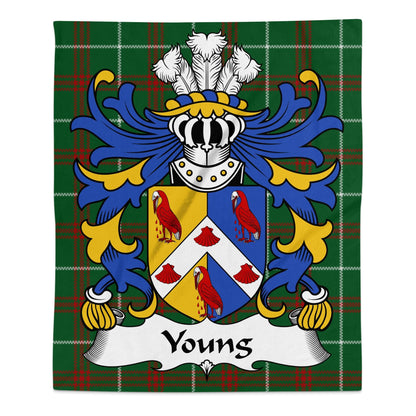 Physical Item 50" x 60" Young Welsh Surname Coat of Arms on Tartan Background Blanket