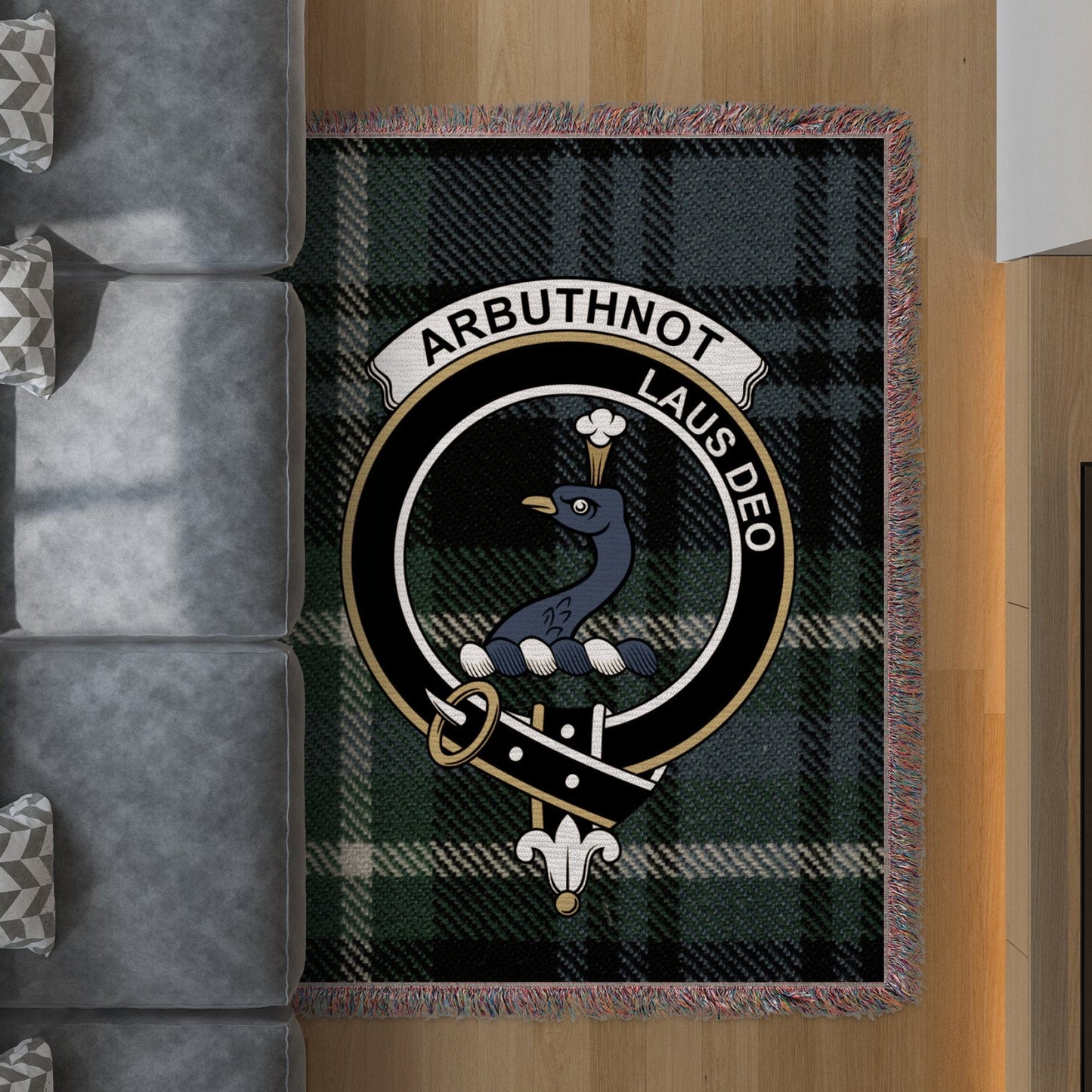 Physical Item 60" x 80" Arbuthnot Clan Crest Tartan Scottish Woven Blanket