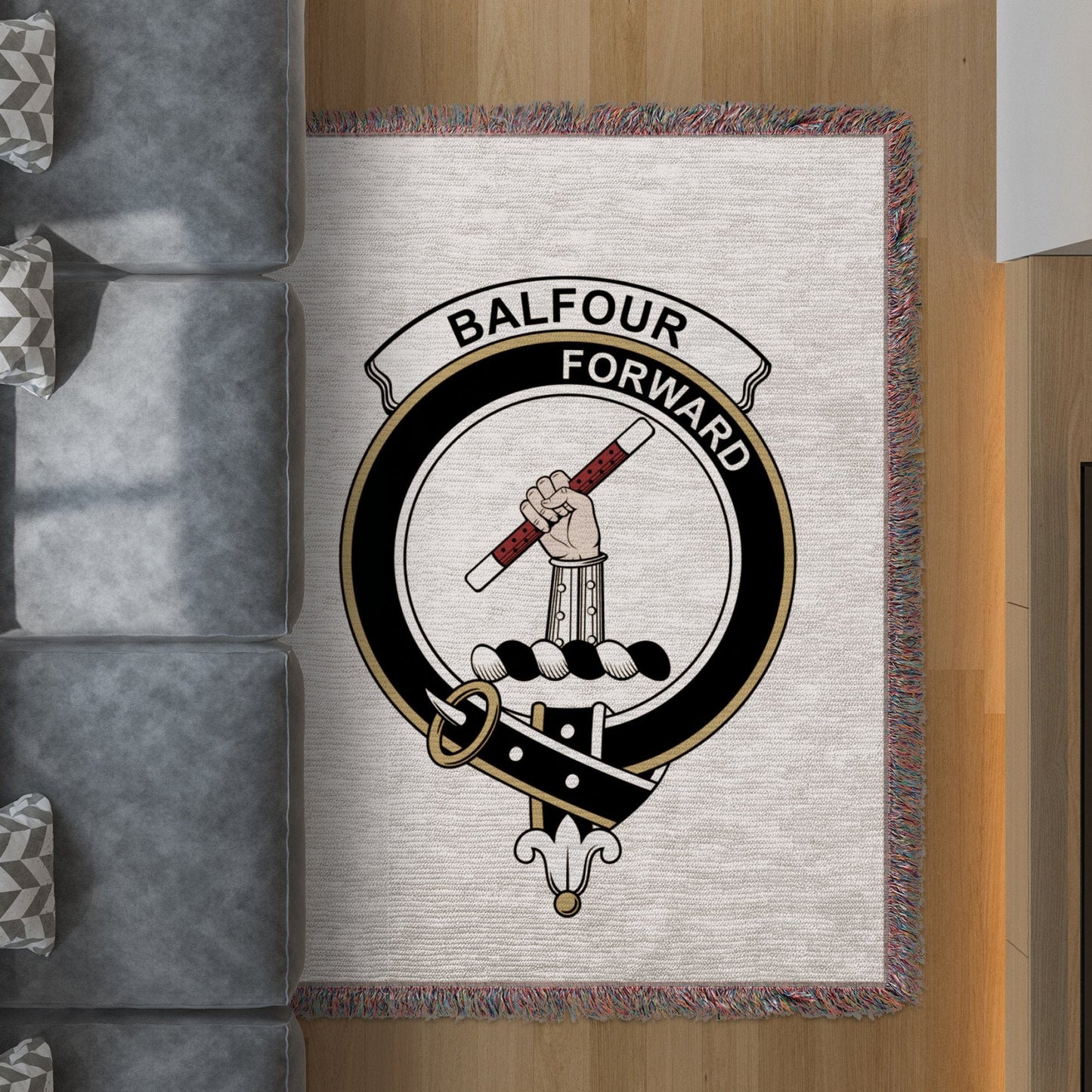 Physical Item 60" x 80" Balfour Clan Crest Tartan Scottish Woven Blanket