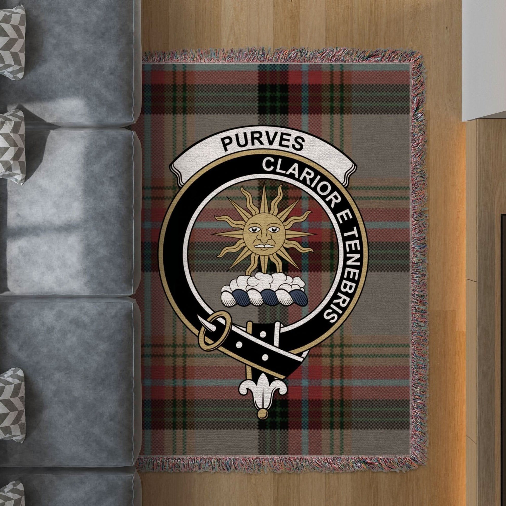 Purves Clan Crest Tartan Scottish Heritage Woven Blanket - Celtic Ancestry Gifts