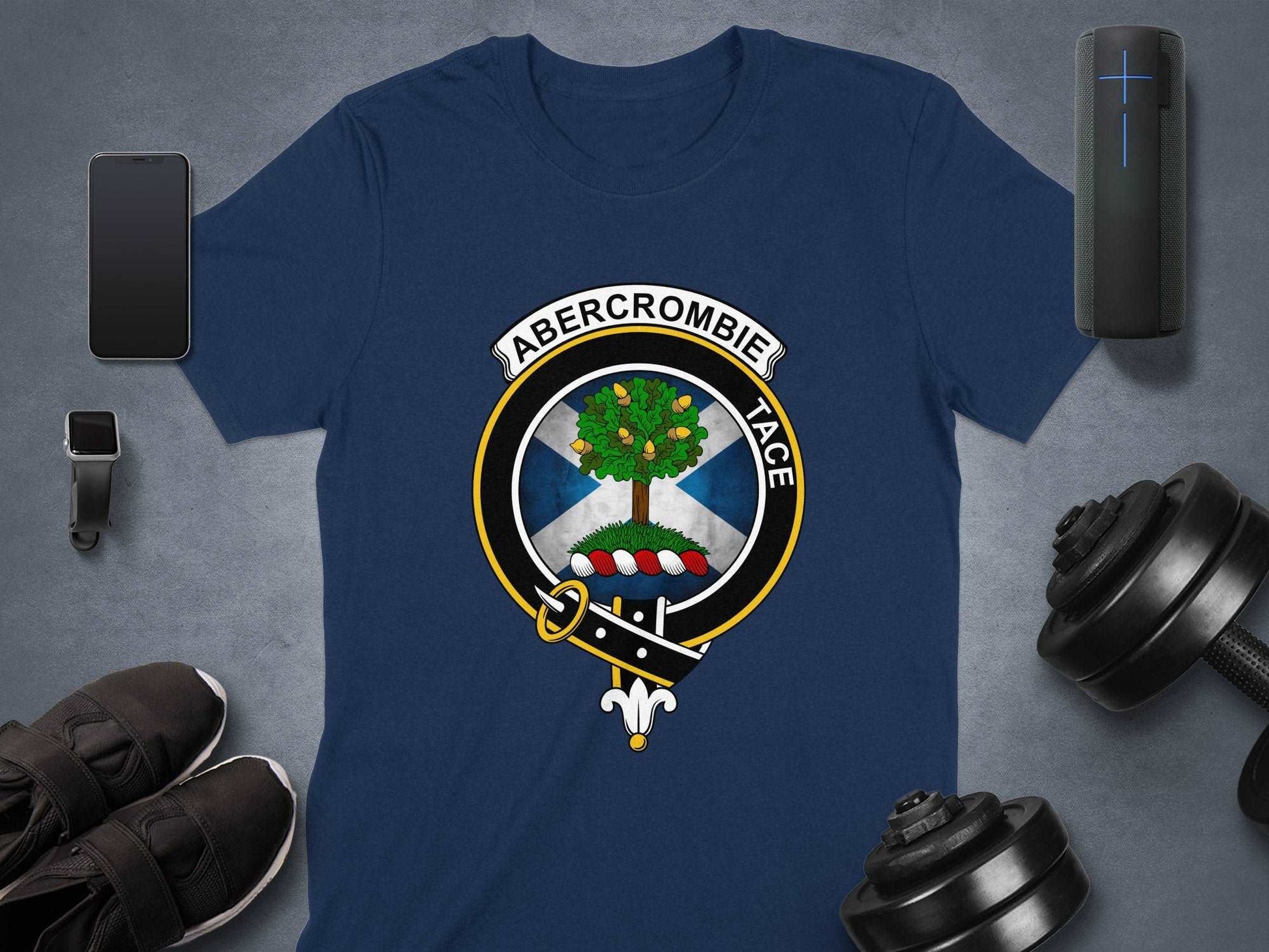 Physical Item Abercrombie Clan Crest on St Andrews Flag Background T-Shirt