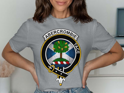 Physical Item Abercrombie Clan Crest on St Andrews Flag Background T-Shirt