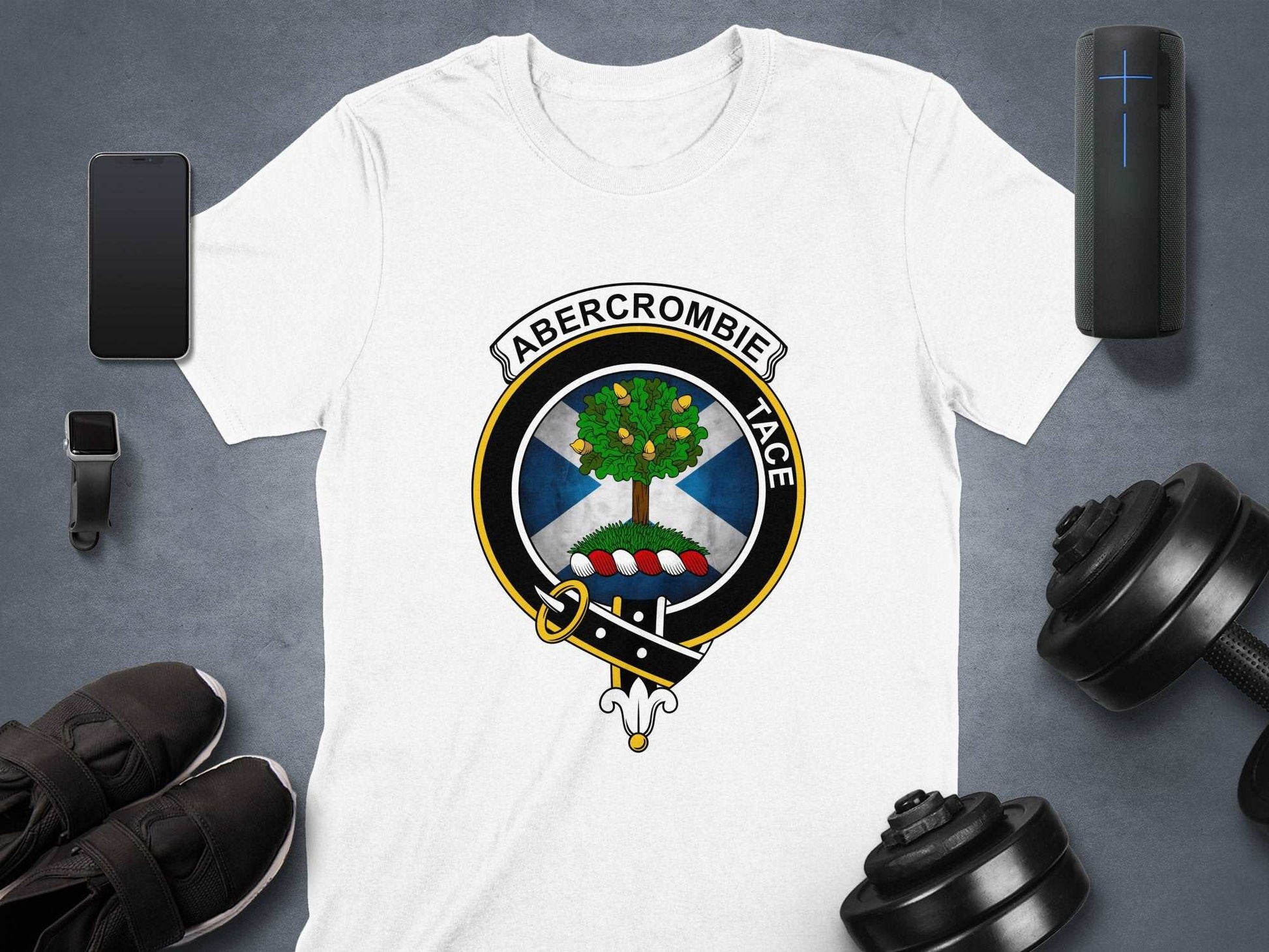 Physical Item Abercrombie Clan Crest on St Andrews Flag Background T-Shirt