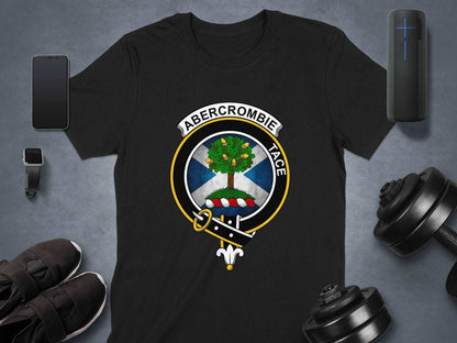 Physical Item Abercrombie Clan Crest on St Andrews Flag Background T-Shirt