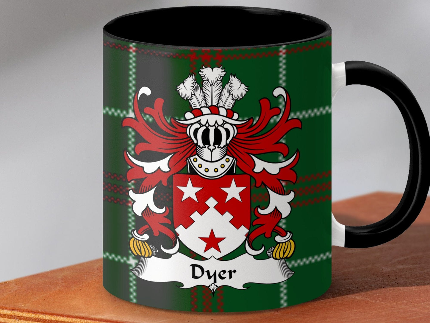 Physical Item Accent Mug 110z / Black / 11oz Dyer Surname Coat of Arms on Tartan Background Mug