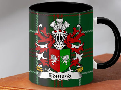 Physical Item Accent Mug 110z / Black / 11oz Edmond Welsh Surname Coat of Arms Tartan Background Mug