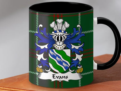 Physical Item Accent Mug 110z / Black / 11oz Evans Coat of Arms on Welsh National Tartan Mug