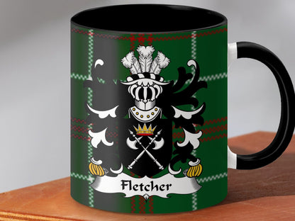 Physical Item Accent Mug 110z / Black / 11oz Fletcher Family Crest on Welsh National Tartan Background Mug