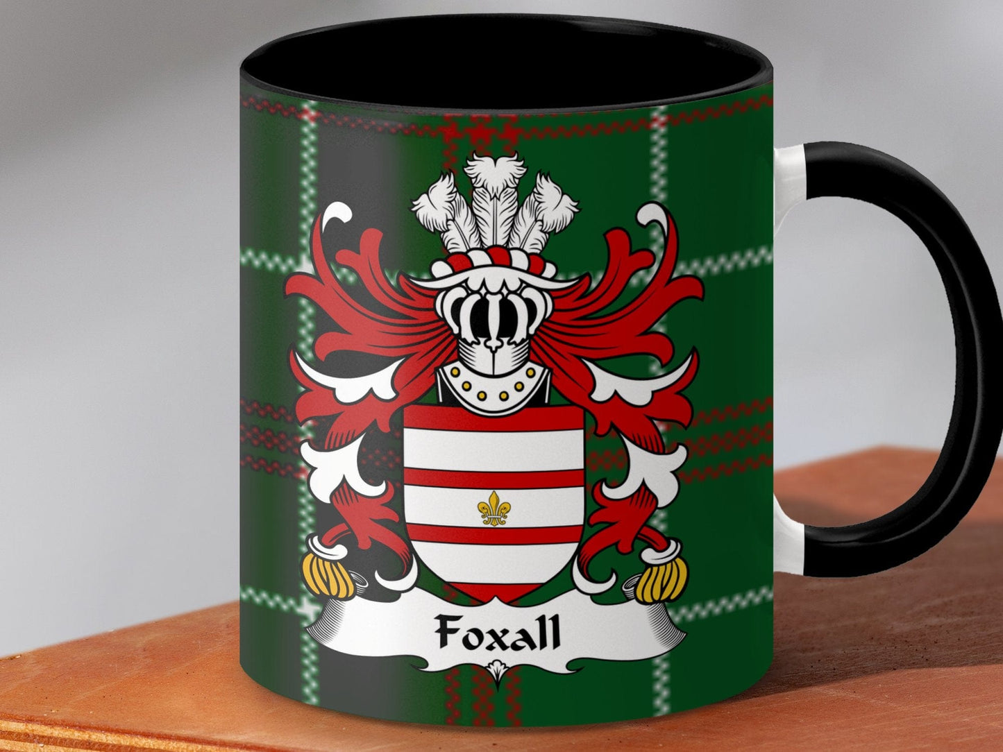 Physical Item Accent Mug 110z / Black / 11oz Foxall Family Crest on Welsh National Tartan Background Mug