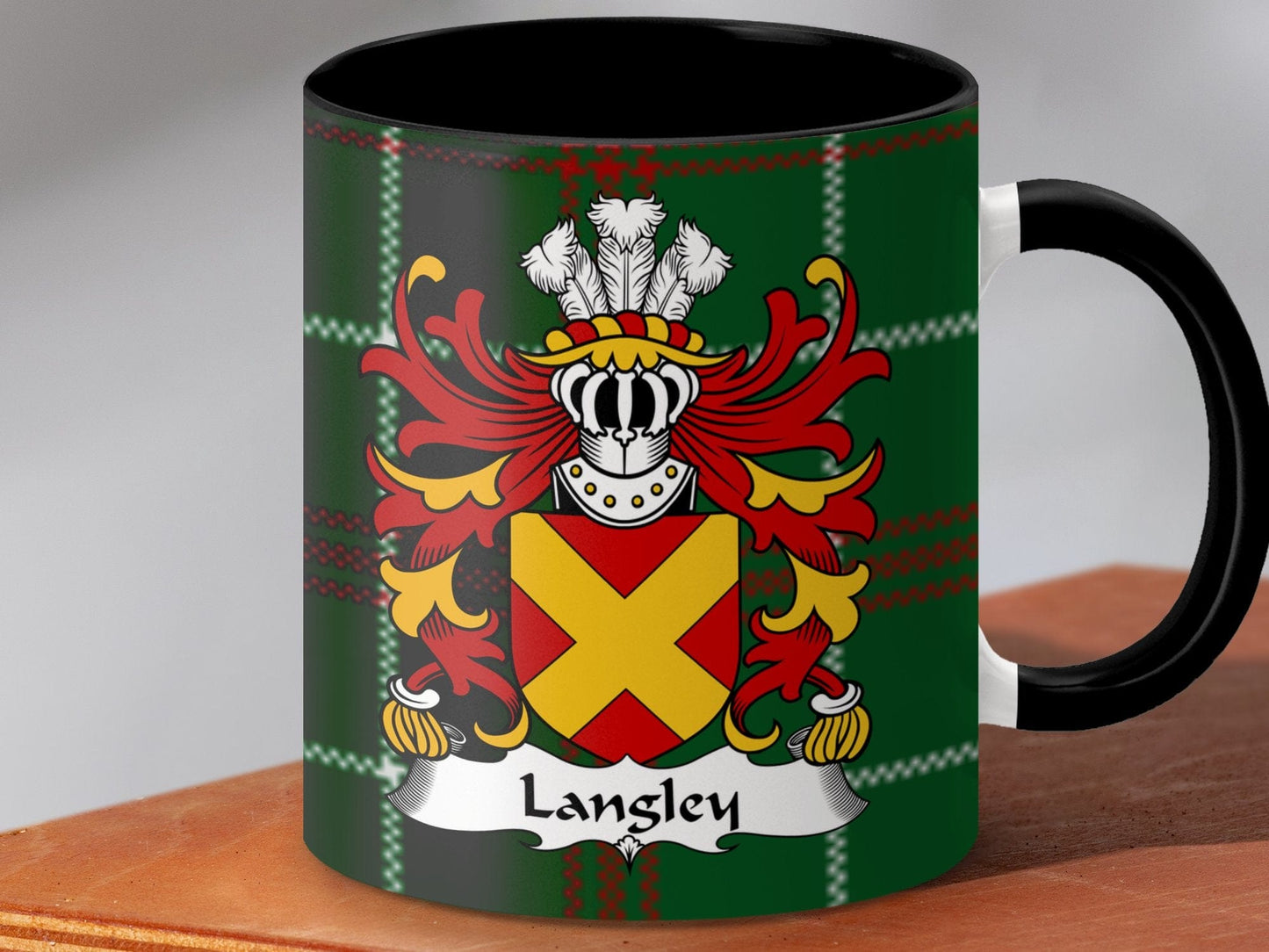 Physical Item Accent Mug 110z / Black / 11oz Langley Family Crest on Welsh Tartan Background Mug