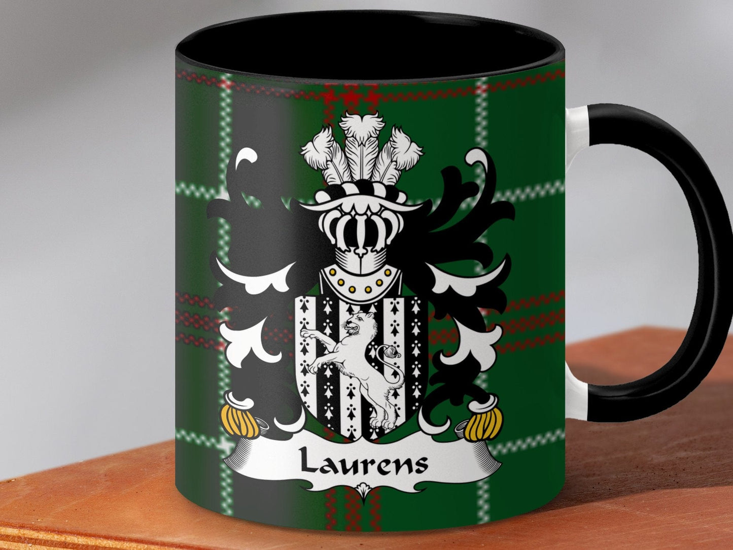 Physical Item Accent Mug 110z / Black / 11oz Laurens Welsh Surname Coat of Arms on Tartan Background Mug