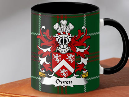 Physical Item Accent Mug 110z / Black / 11oz Owen Welsh Crest on National Tartan Background Mug