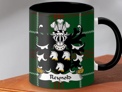 Physical Item Accent Mug 110z / Black / 11oz Reynold Coat of Arms on Welsh Tartan Background Mug