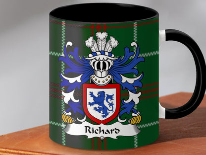 Physical Item Accent Mug 110z / Black / 11oz Richard Welsh Surname Coat of Arms Tartan Background Mug