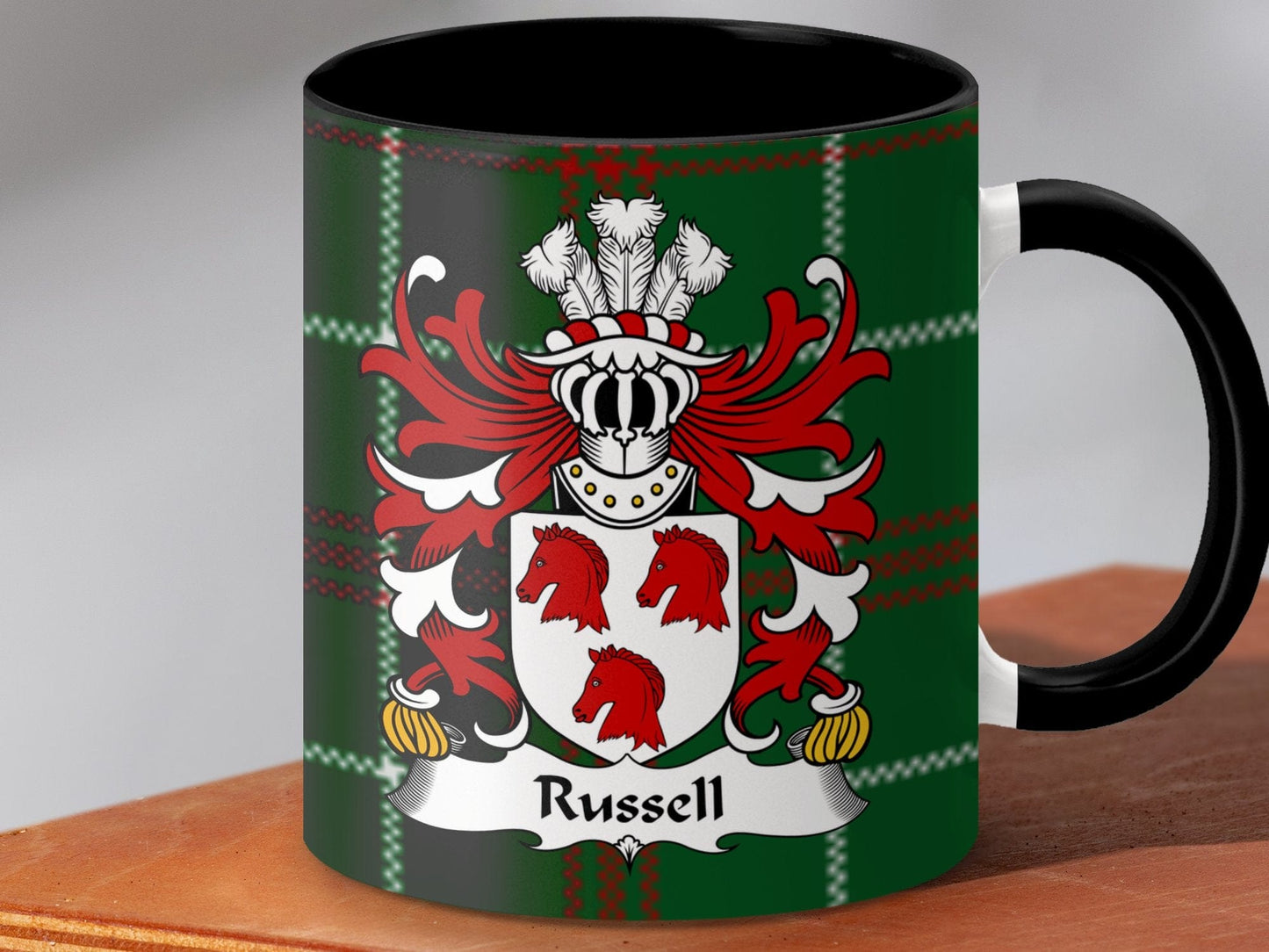 Physical Item Accent Mug 110z / Black / 11oz Russell Surname Coat of Arms on Welsh Tartan Mug