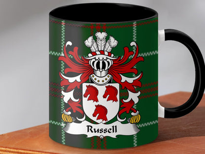 Physical Item Accent Mug 110z / Black / 11oz Russell Surname Coat of Arms on Welsh Tartan Mug