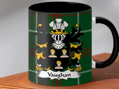 Physical Item Accent Mug 110z / Black / 11oz Vaughan Family Crest on Welsh National Tartan Mug