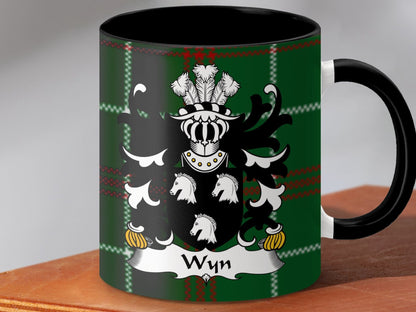 Physical Item Accent Mug 110z / Black / 11oz Wyn Family Crest on Welsh National Tartan Background Mug