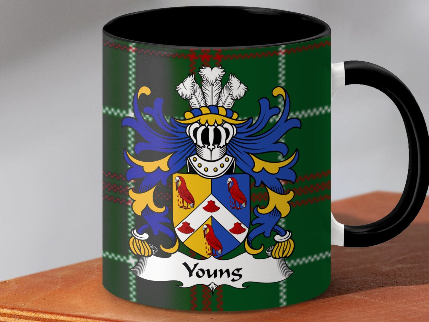 Physical Item Accent Mug 110z / Black / 11oz Youngs Welsh Surname Coat of Arms on National Tartan Mug