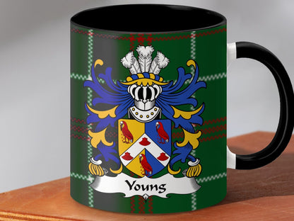 Physical Item Accent Mug 110z / Black / 11oz Youngs Welsh Surname Coat of Arms on National Tartan Mug