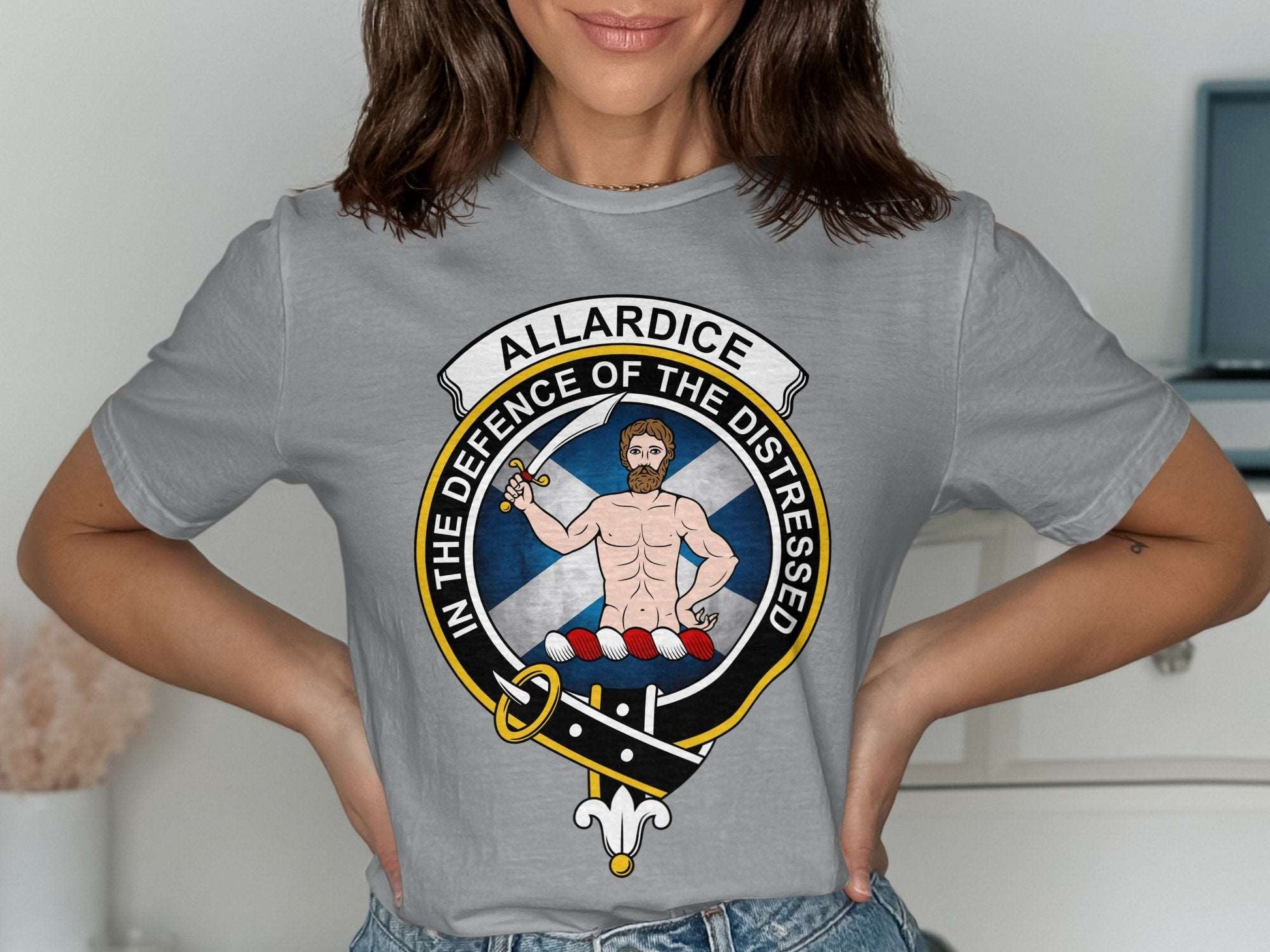 Physical Item Allardice Clan Crest on St Andrews Flag Background T-Shirt