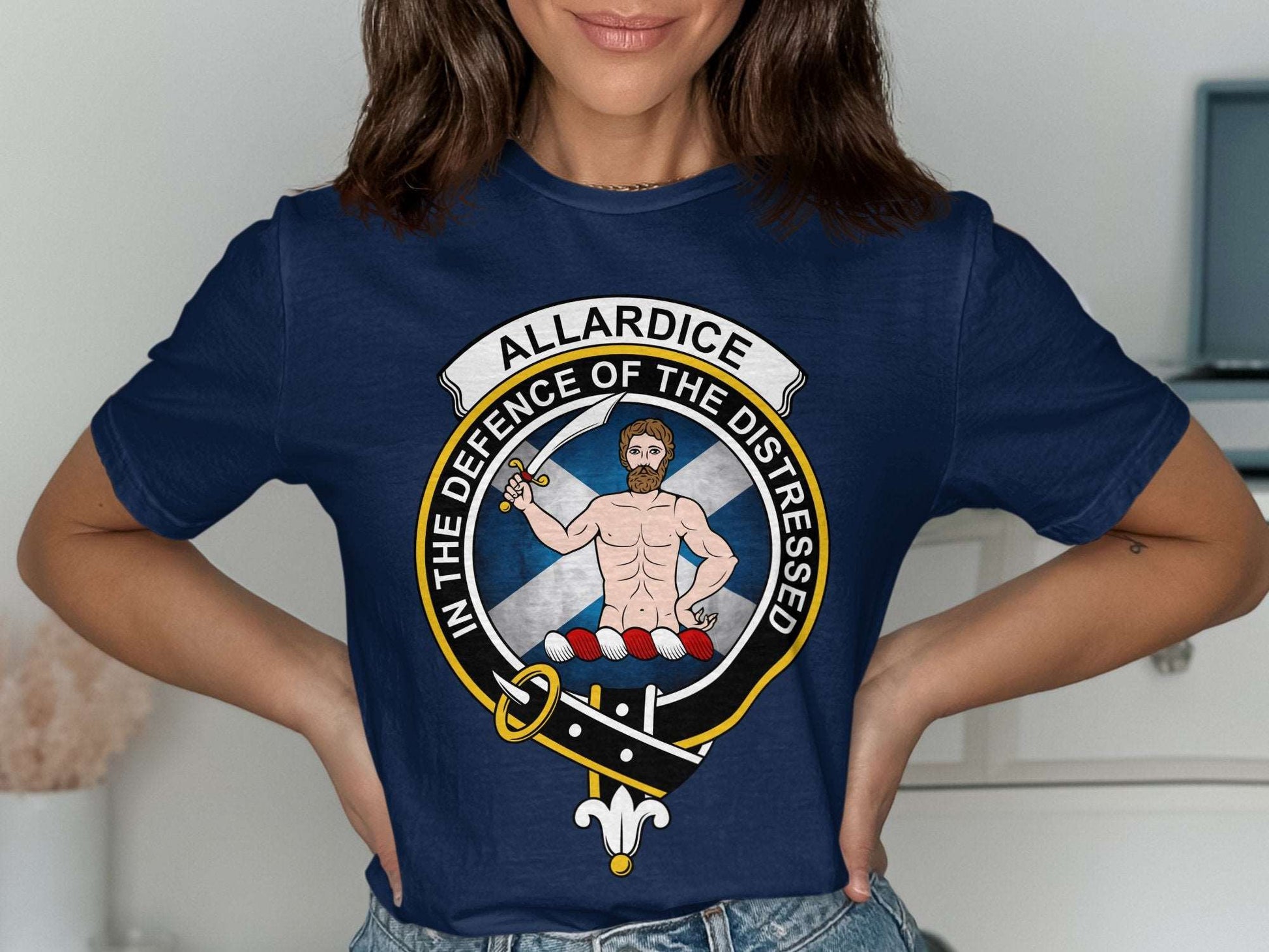 Physical Item Allardice Clan Crest on St Andrews Flag Background T-Shirt