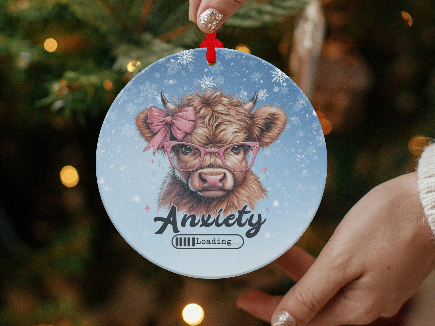 Physical Item Anxiety Loading Highland Cow Christmas Ornament T-Shirts