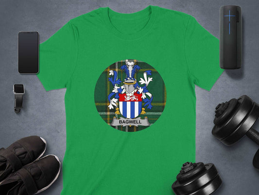 Physical Item Bagwell Family Crest Irish Tartan Background T-Shirt