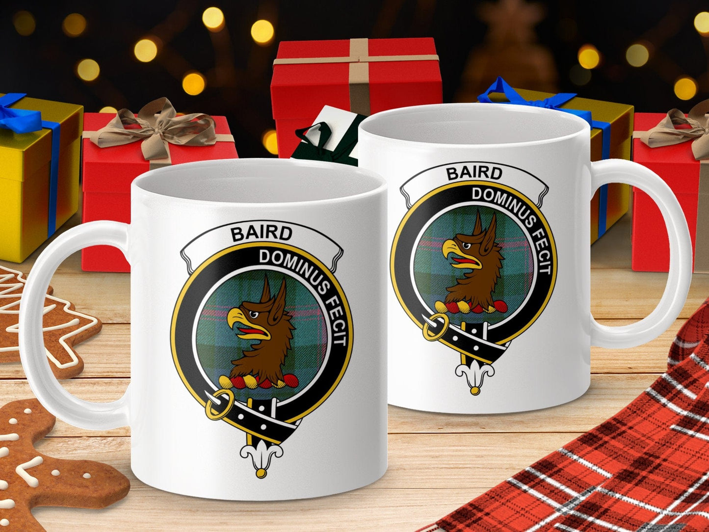 Physical Item Baird Scottish Clan Crest on Tartan Background Mugs