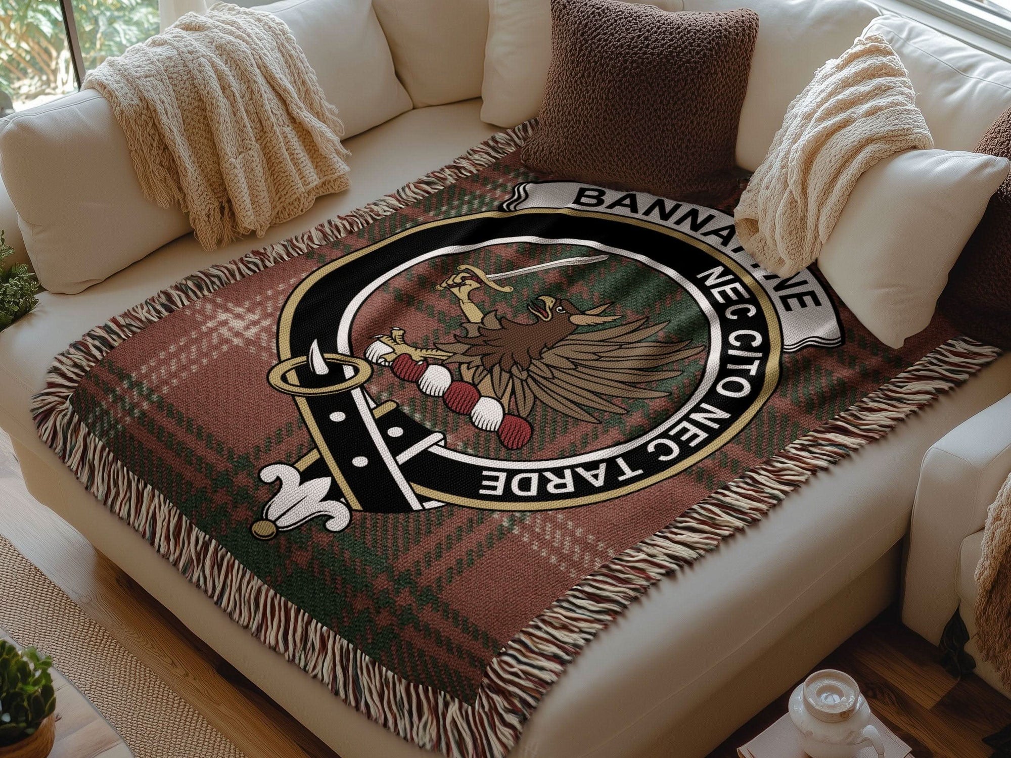 Bannatyne Clan Crest Tartan Scottish Woven Blanket - Celtic Ancestry Gifts
