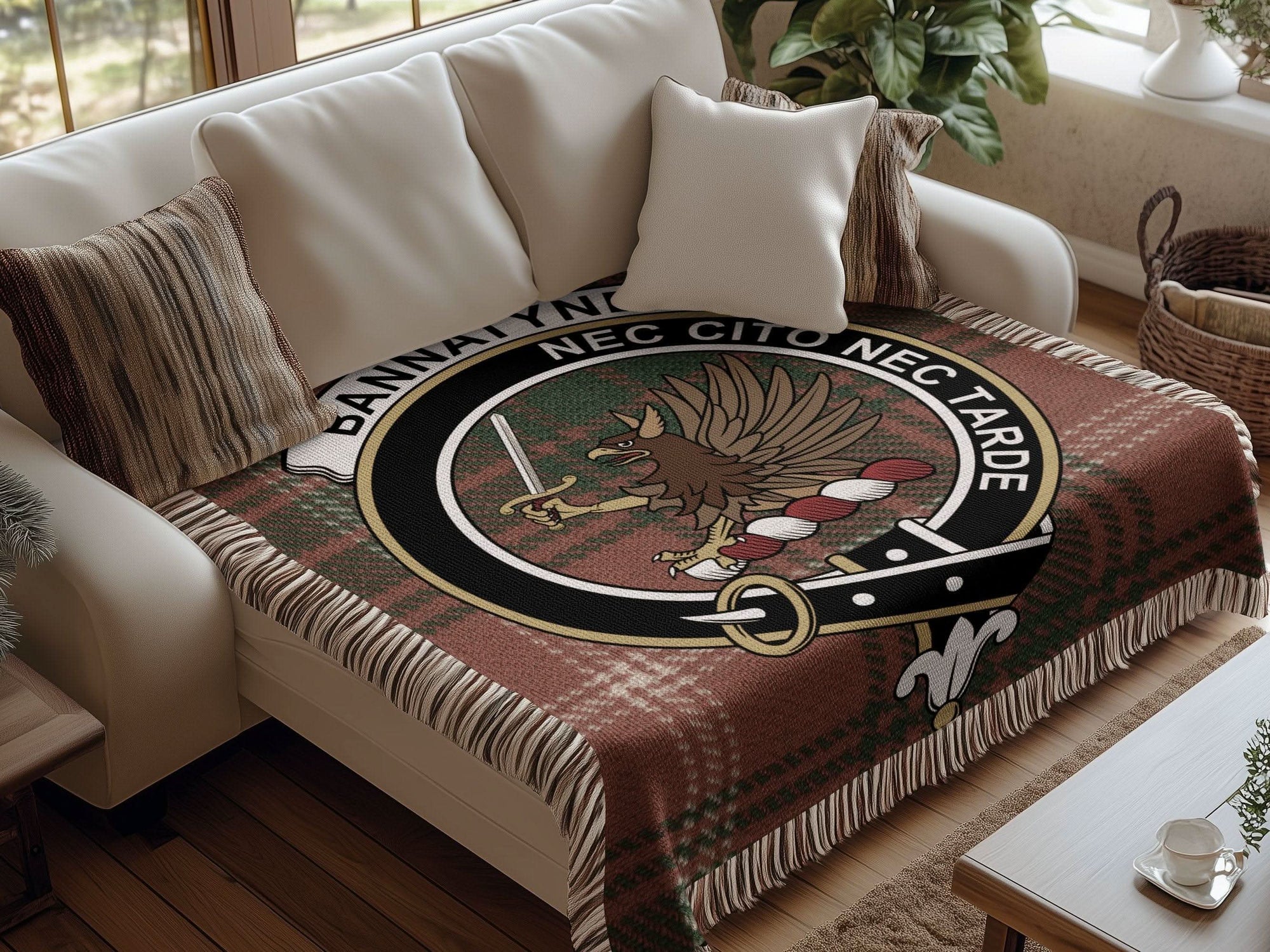 Bannatyne Clan Crest Tartan Scottish Woven Blanket - Celtic Ancestry Gifts