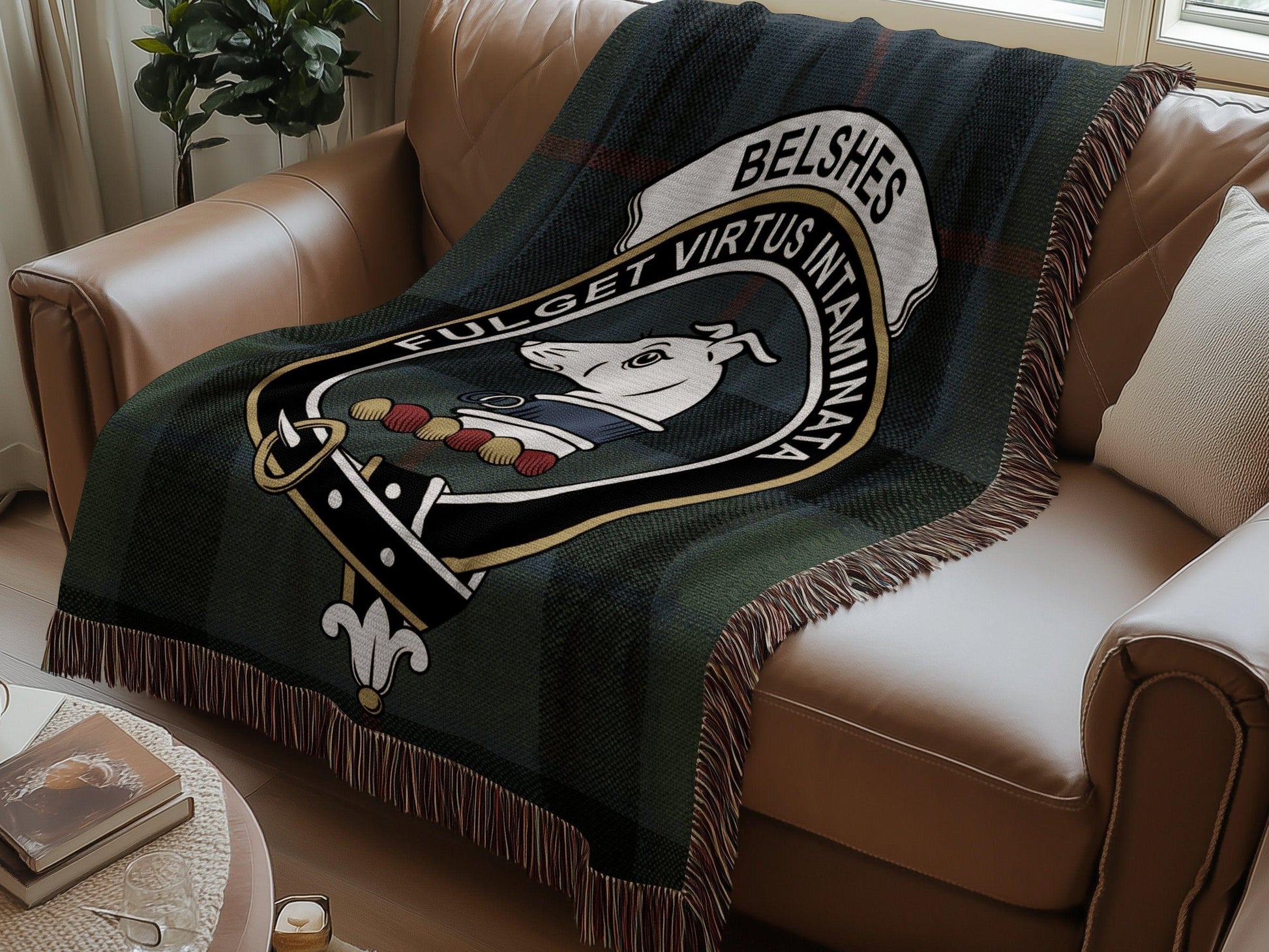 Physical Item Belshes Clan Crest Tartan Scottish Woven Blanket