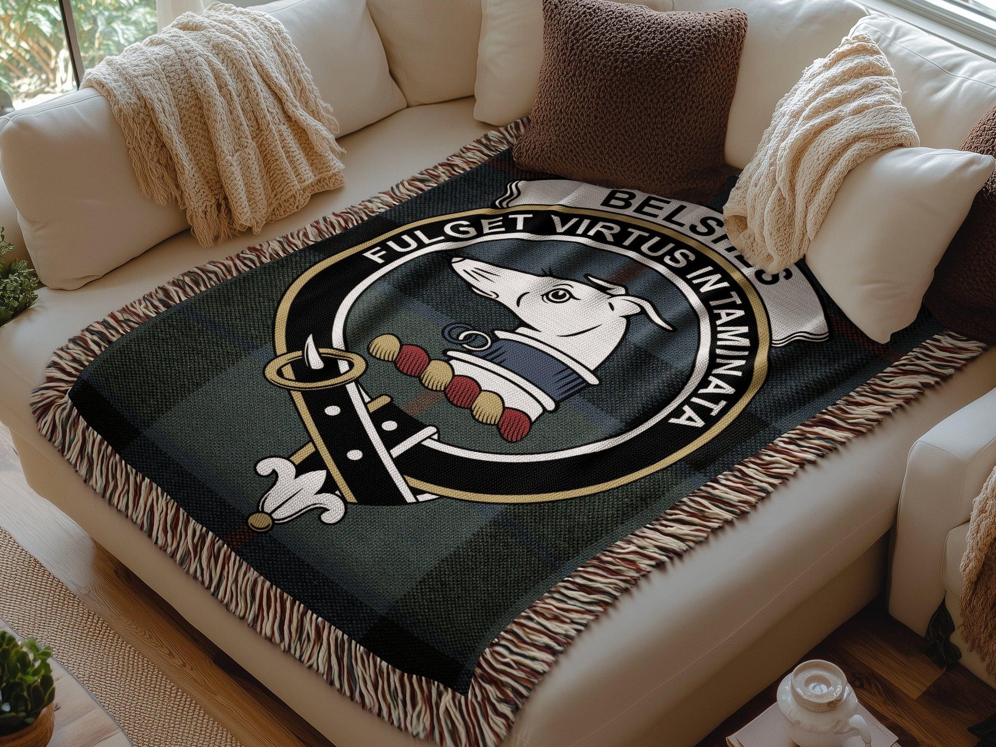 Physical Item Belshes Clan Crest Tartan Scottish Woven Blanket