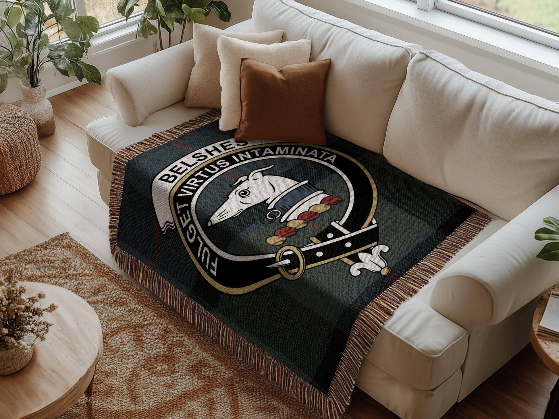 Physical Item Belshes Clan Crest Tartan Scottish Woven Blanket