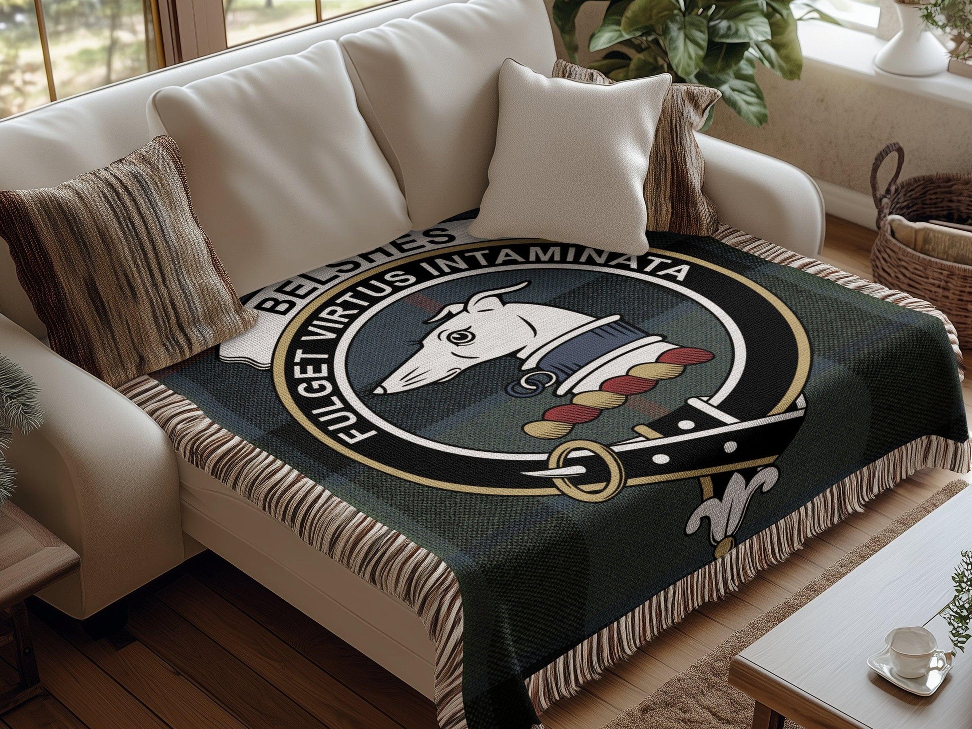 Physical Item Belshes Clan Crest Tartan Scottish Woven Blanket