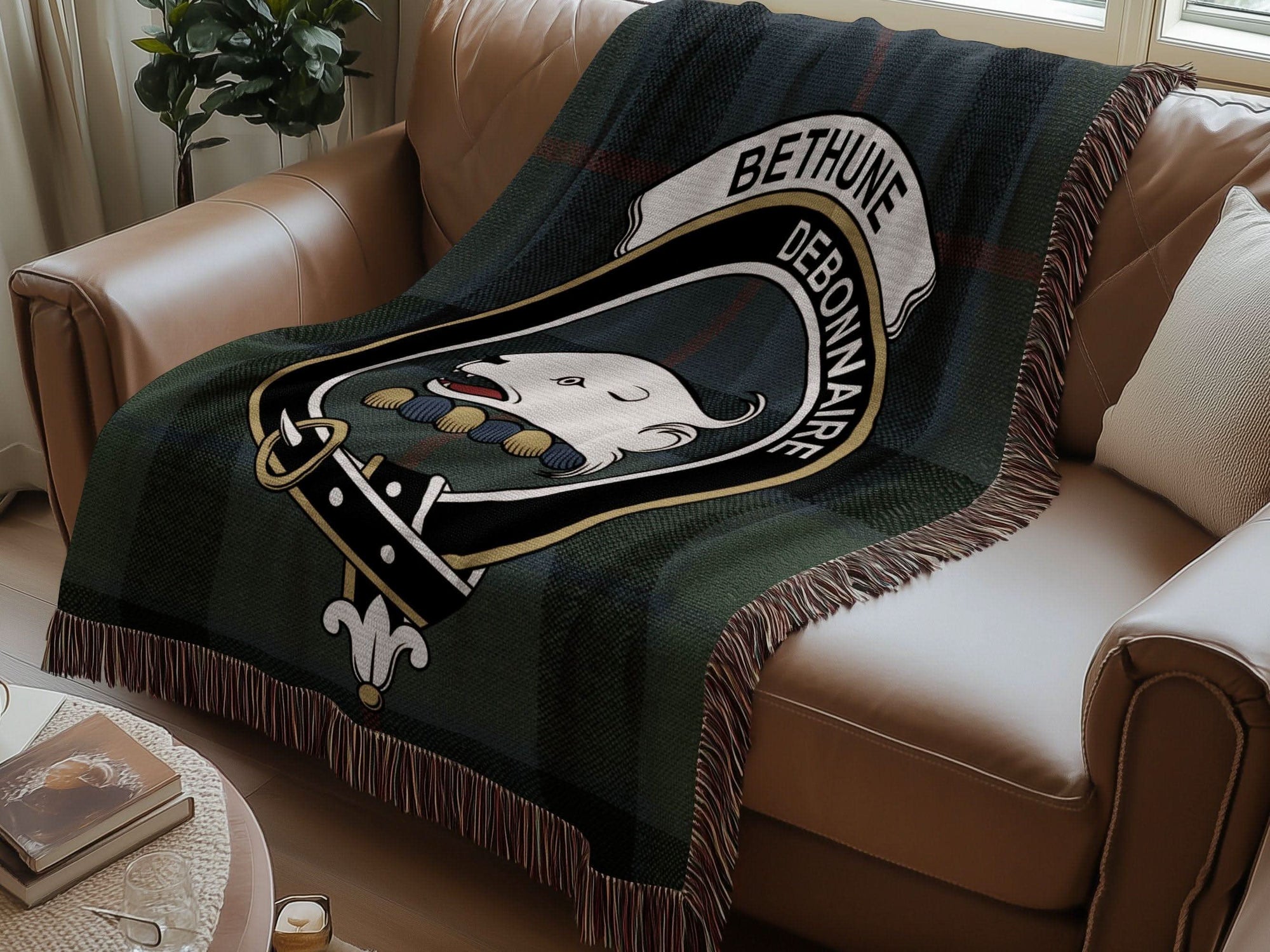 Bethune Clan Crest Tartan Debonnaire Scottish Woven Blanket - Celtic Ancestry Gifts