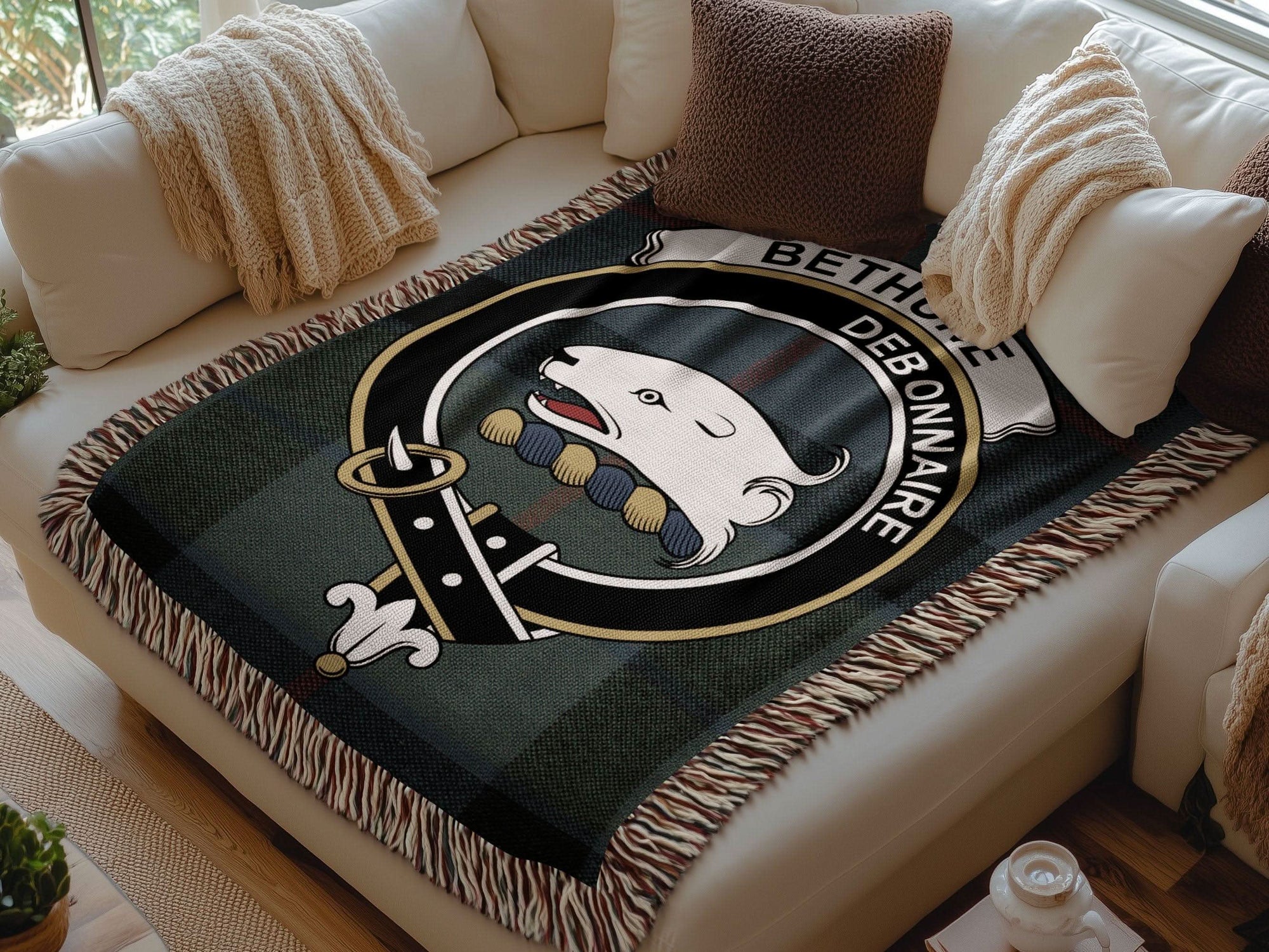 Bethune Clan Crest Tartan Debonnaire Scottish Woven Blanket - Celtic Ancestry Gifts