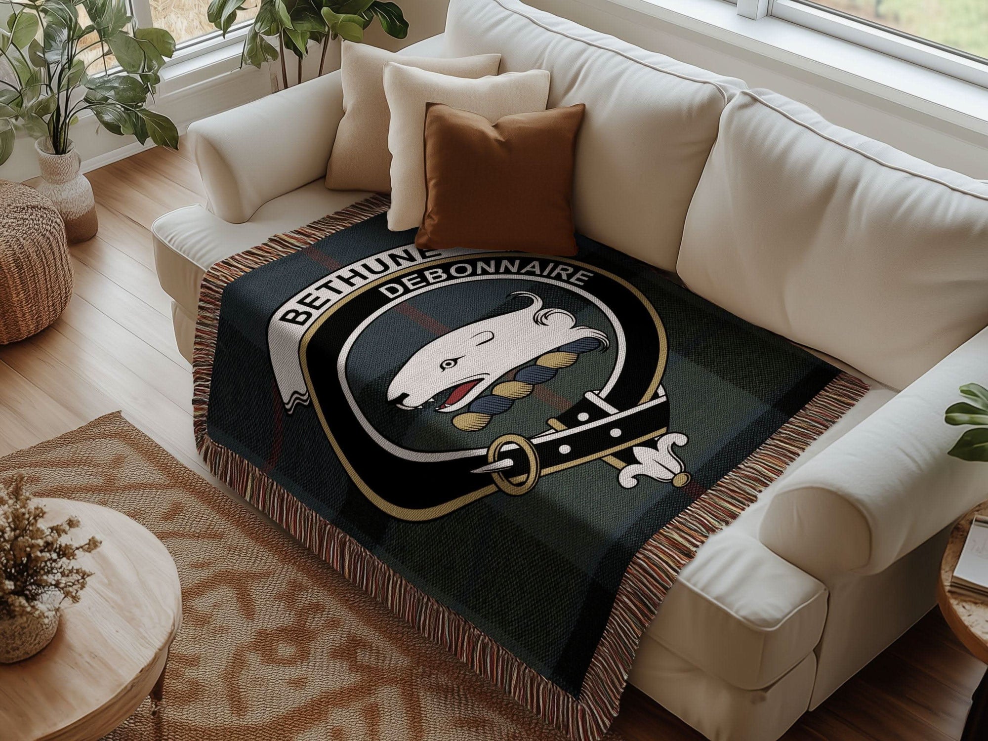 Bethune Clan Crest Tartan Debonnaire Scottish Woven Blanket - Celtic Ancestry Gifts