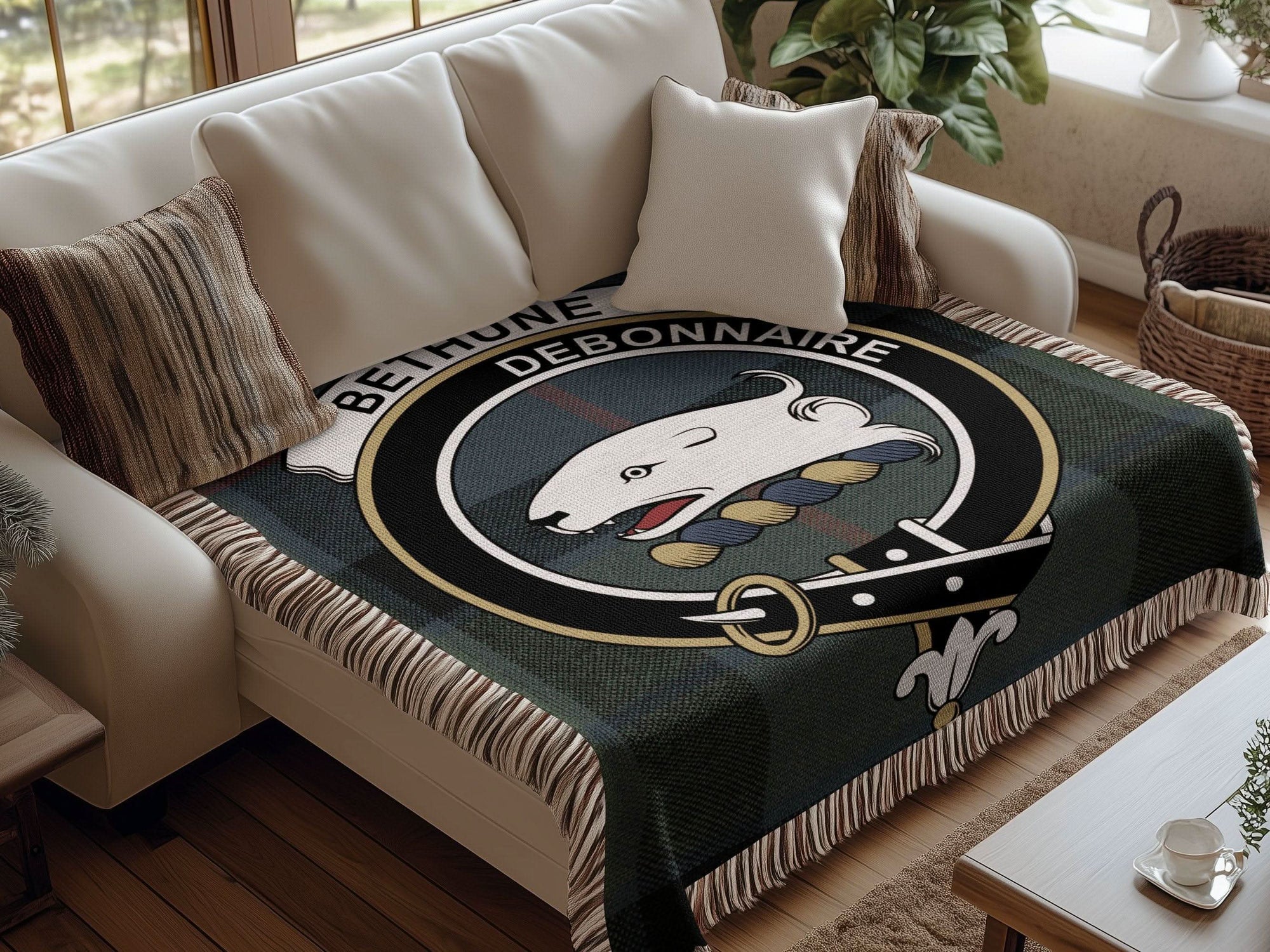 Bethune Clan Crest Tartan Debonnaire Scottish Woven Blanket - Celtic Ancestry Gifts
