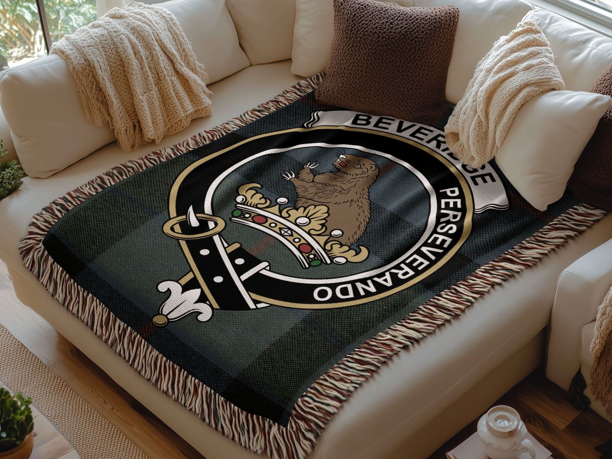 Beveridge Clan Crest Tartan Scottish Woven Blanket - Celtic Ancestry Gifts