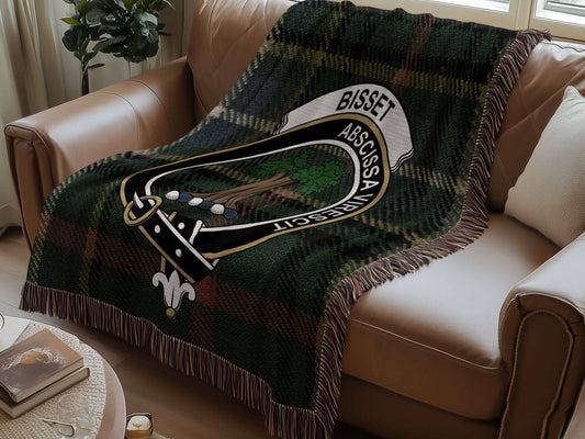 Bisset Clan Crest Tartan Scottish Woven Blanket - Celtic Ancestry Gifts