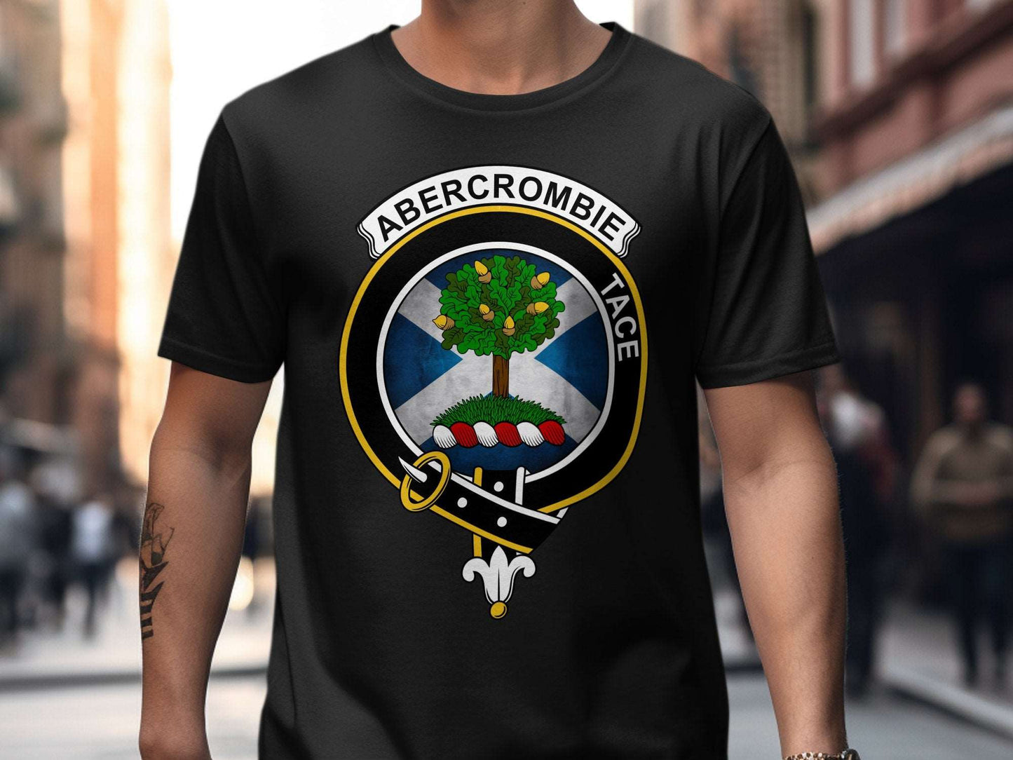 Physical Item Black / S Abercrombie Clan Crest on St Andrews Flag Background T-Shirt